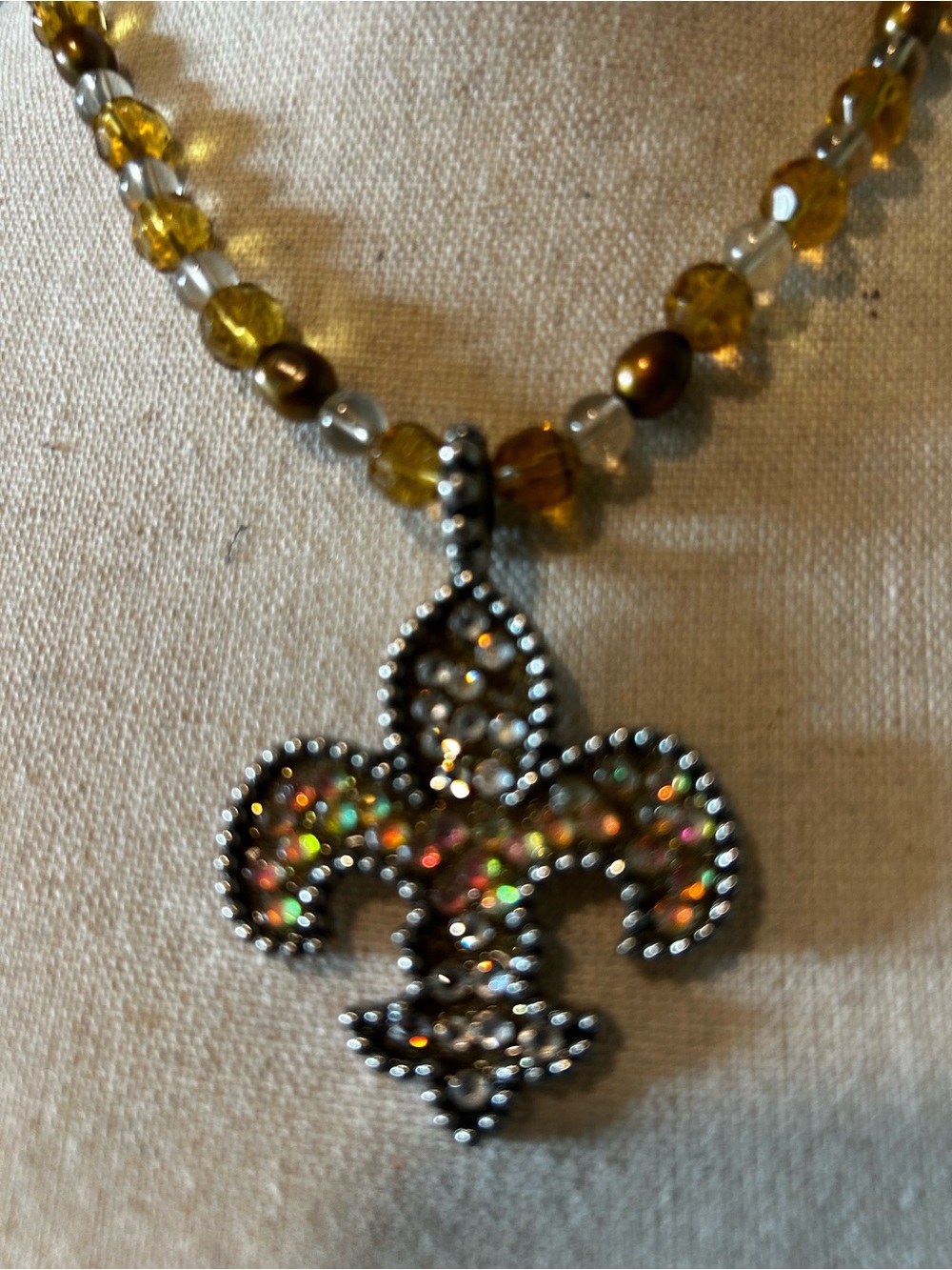 Fleur-de-Lis Crystal Pendant Necklace in Amber and Silver
